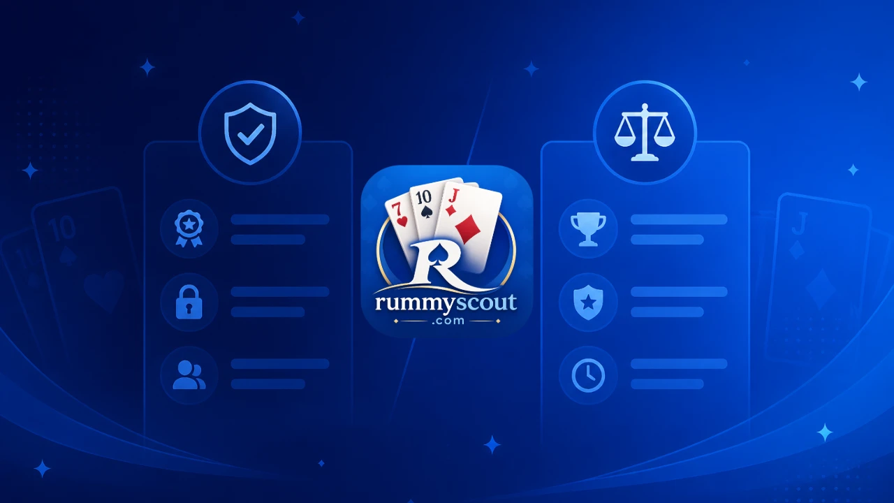 Rummy Scout trust-and-compare banner with sky-blue star chips, structured comparison grid on blue gradient, no brand marks or install buttons